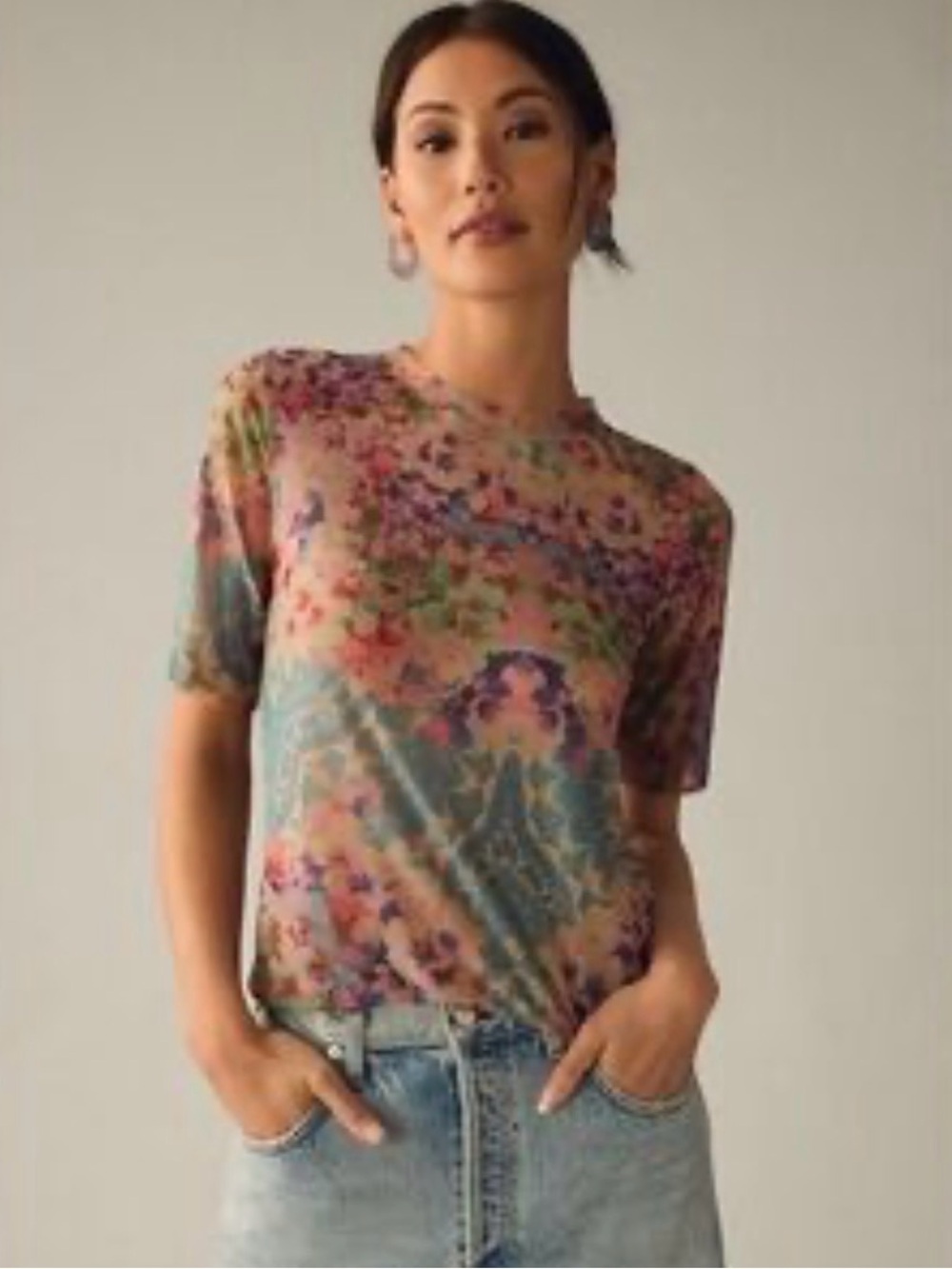 Floral Print Crewneck Short Sleeve Tee - Multicolor